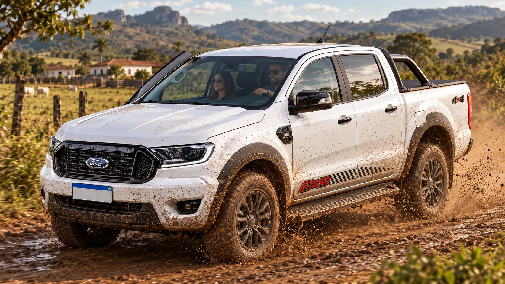 Ford Ranger FX4 3.2 2023 mistura 200 cv, motor cinco-cilindros e visual parrudo numa picape que parece mais feliz coberta de barro do que parada diante de um shopping.