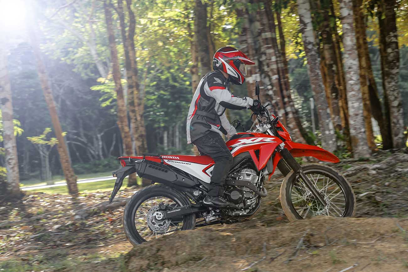 A XR 300L Tornado 2025 possui chassi derivado da CRF 250F, escolhido por sua robustez e eficiência. A estrutura tubular de aço e as suspensões de longo curso garantem bom desempenho off-road.