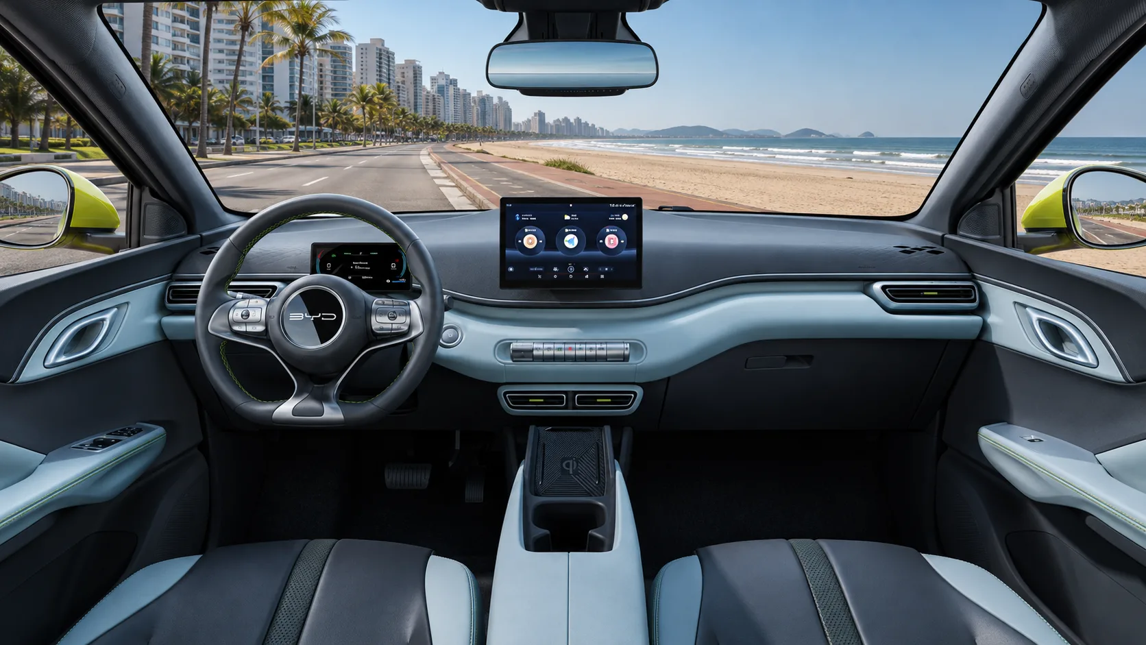 O BYD Dolphin Mini 2024 traz central multimídia, GPS, Bluetooth, espelhamento, carregador por indução, chave digital e comandos pelo aplicativo, bom pacote para a cidade.