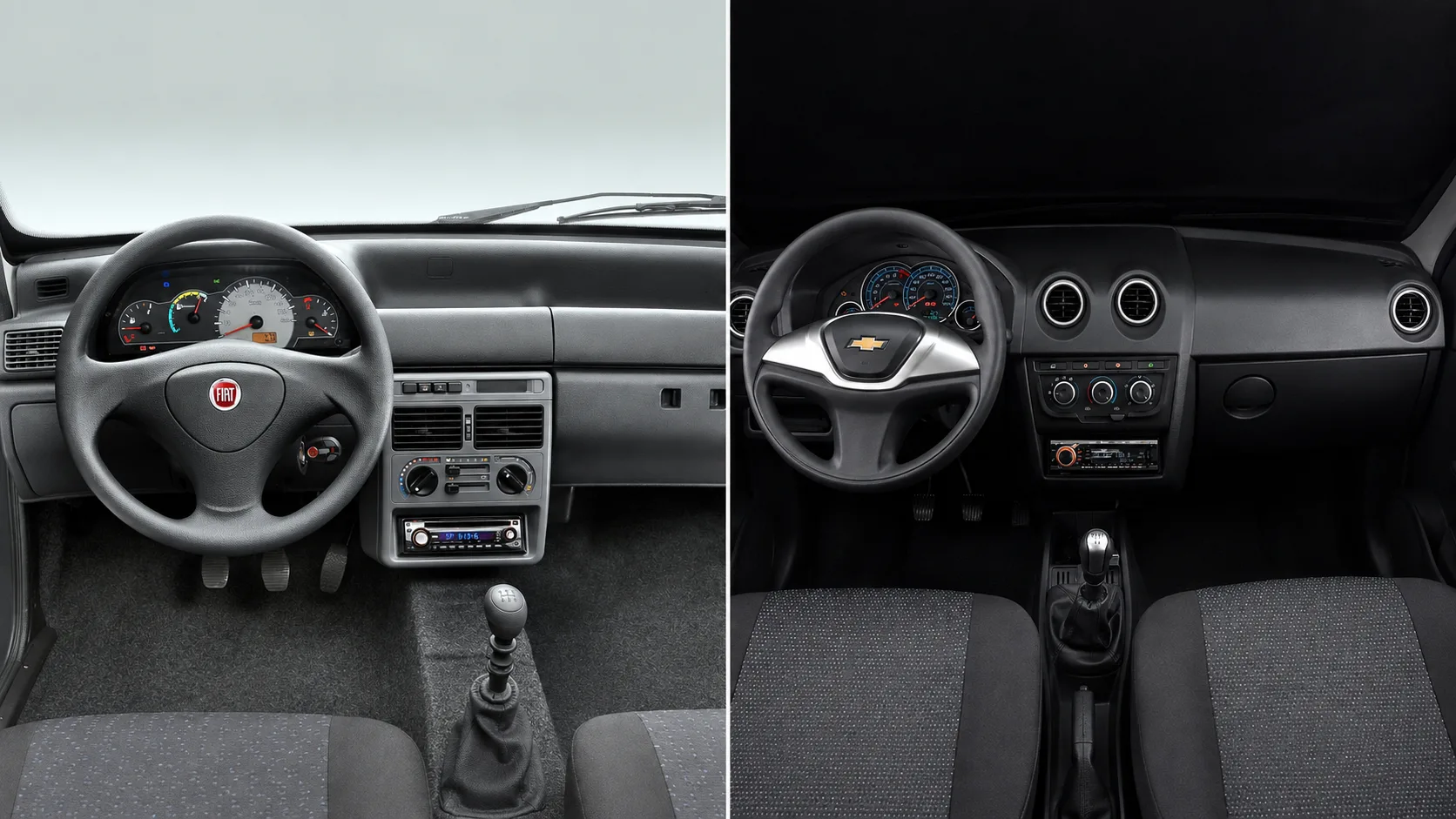 Por dentro, Celta e Uno lembram que luxo não fazia parte da reunião de projeto, mas o Chevrolet parece mais carro, enquanto o Fiat parece uma cozinha de república: simples, apertado e funcional.